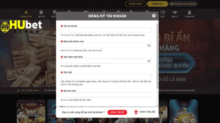 Truy Cập Trang Đăng Ký Hubet và Điền Thông Tin Cá Nhân